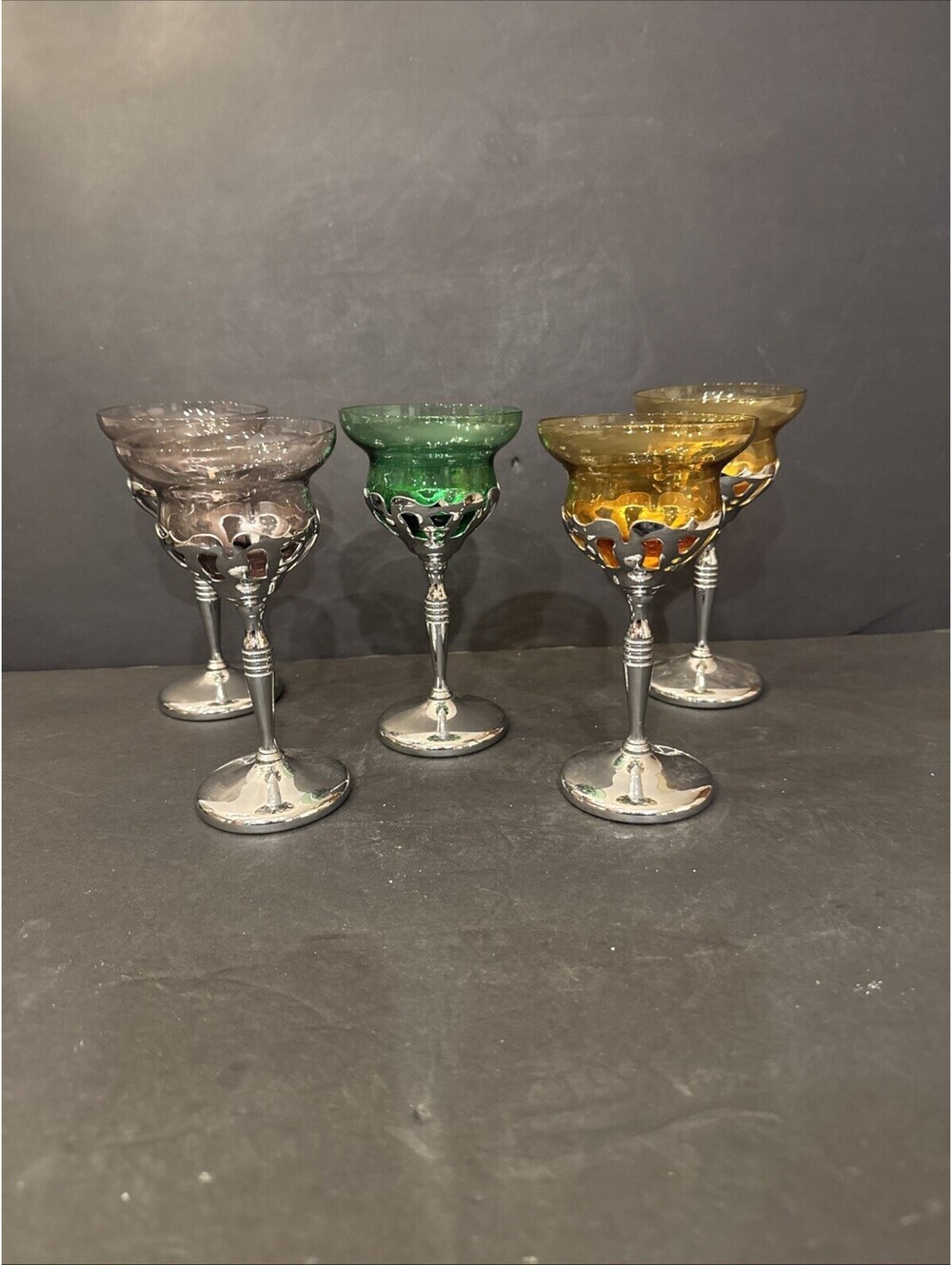 Farber Brothers (5) Krome Kraft Cocktail Glasses Art Deco MCM 6” H By 3 1/8” W